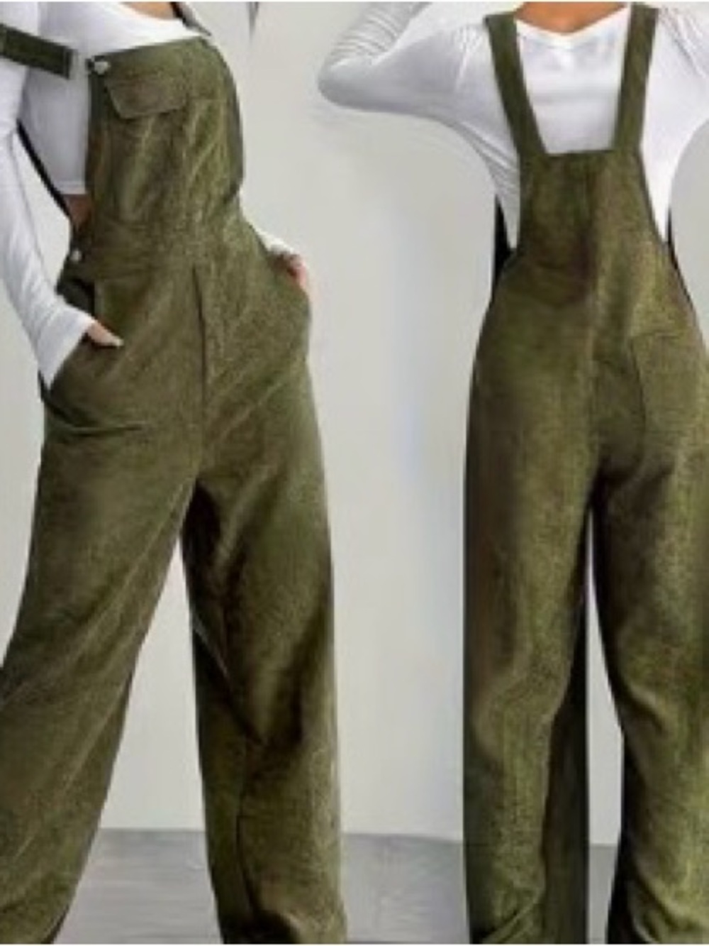 SHEIN Olive Green Corduroy Wide-Leg Women's Overalls